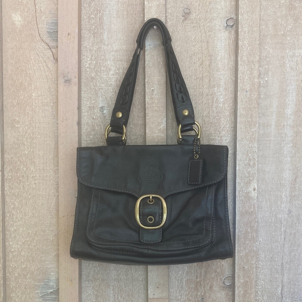 Coach Black Leather Shoulder Bag with Gold Accents